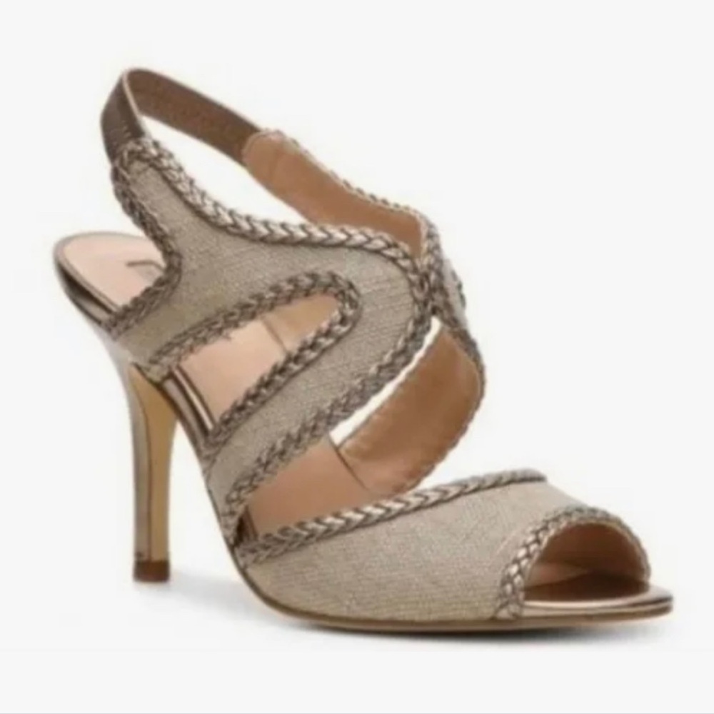 TAHARI Linen and Bronze Heeled Stiletto Sandals size 10